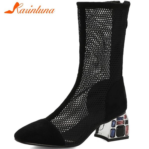 

karin 2020 plus size 48 square heels summer boots woman shoes round toe zip up solid mid calf boots women shoes, Black