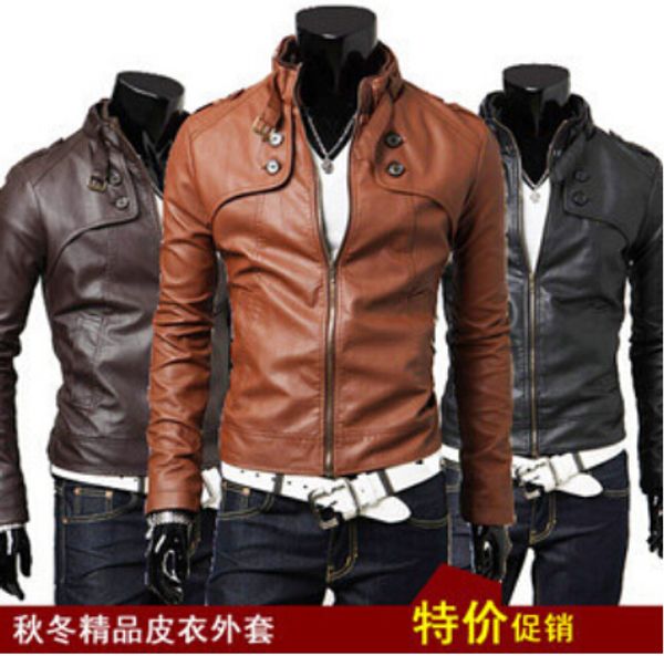 

coldker men's slim collar leather jacket coat pu male locomotive man short paragraph streetwear clothing, Black