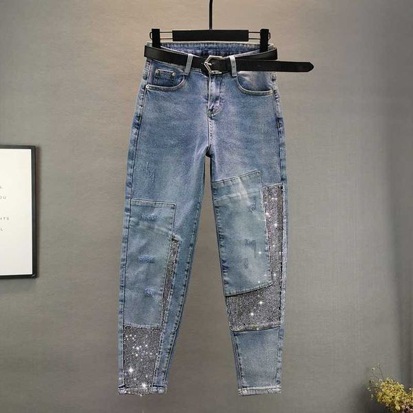 

jeans women spring and autumn new style loose-fit slimming industrial drilling skinny harem pants ladies jean pants jeans, Blue