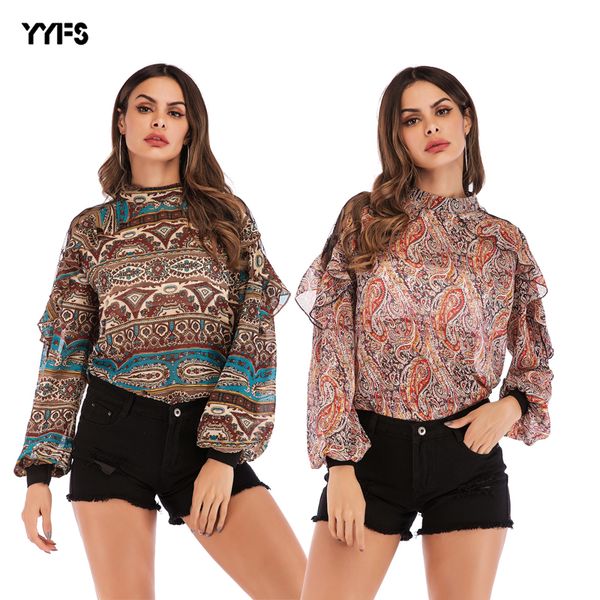 

женская новая рубашка 2019 года весной и летом европейские и американские взрывы марлевые печати шифоновая рубашка с рюшами топы, White