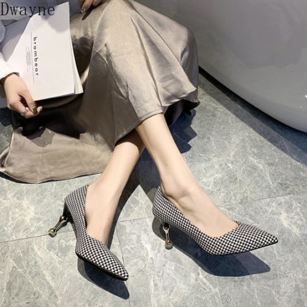 

spring and autumn 2020 new plaid high-heeled french girl with pointed toe and wild professional women's singles shoes, Black