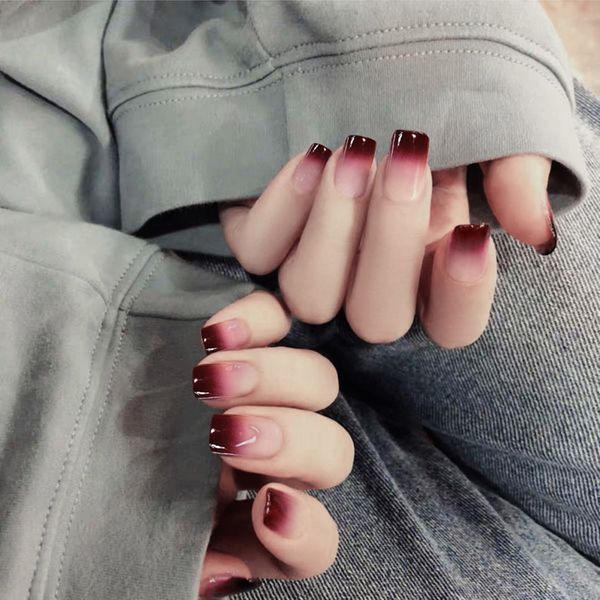 

new 24 pcs gradient red fake nails full cover extension manicure art easy use long lasting ins tiktok popular girl fake nails, Red;gold