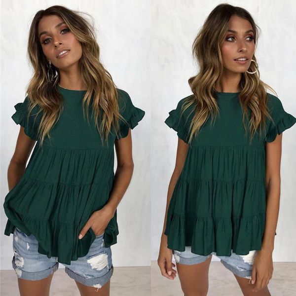 

women and blouses ruffles button short sleeve o-neck tee shirt tunic blouse ladies clothing haut femmes mode, White