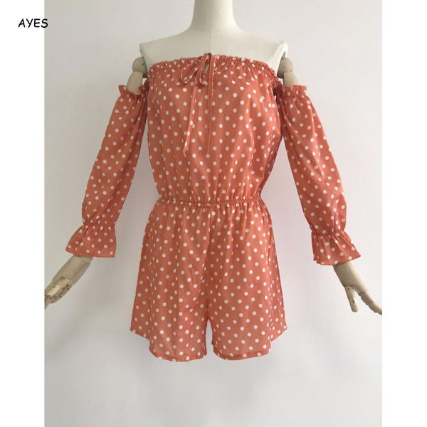 

2019 lace up jumpsuits off shoulder summer short bohemian jumpsuits women rompers polka dot long sleeve femme, Black;white