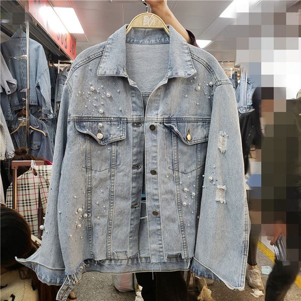 

spring autumn women vintage holes denim coat beaded irregular hem jeans jacket 2019 long sleeve casual loose outwear female, Black;brown