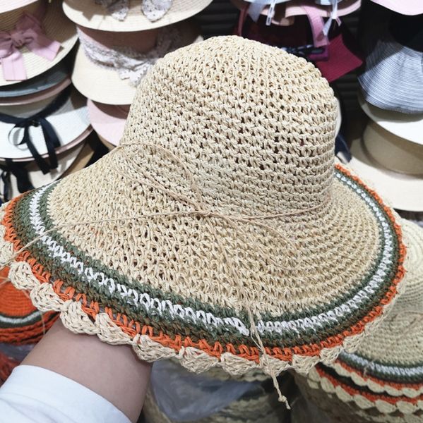

straw large eaves sea beach foldable outdoor travel straw hat hat hat, Blue;gray