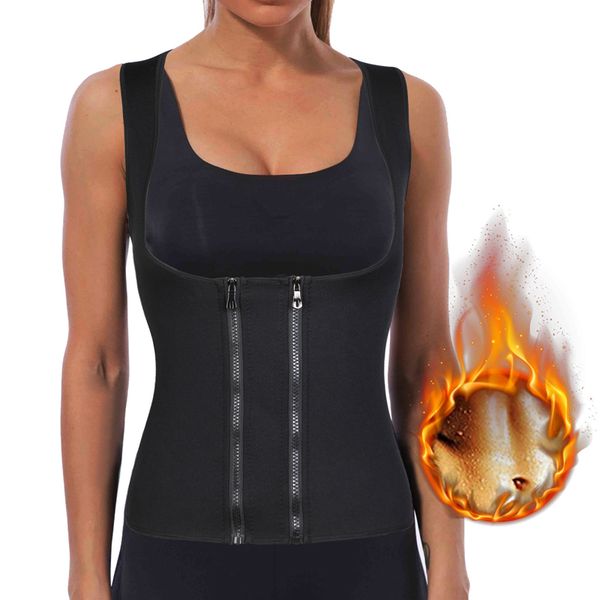 

women workout shirt adjustable slim bodysuit double front zipper waist trainer vest weightloss compression sweat vest tank top, White;black