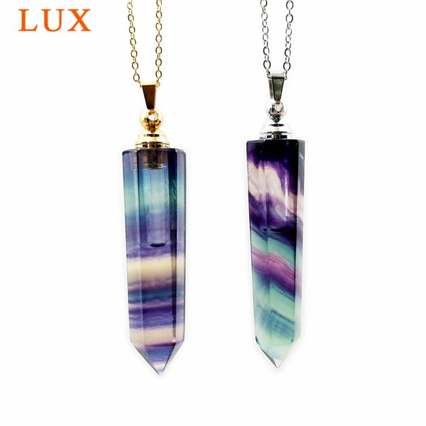 

natural fluorite essential oil diffuser perfume bottle pendant hexagon prism pointed stone necklace graduation bridesmaid gift, Silver