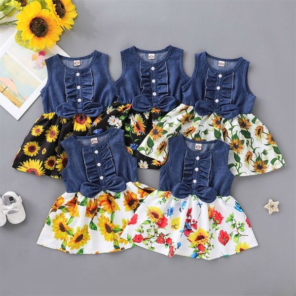 

girl dress 2020 new baby dresses sunflower print bowknot denim patchwork birthday dress baby summer clothes kids girl clothes, Red;yellow