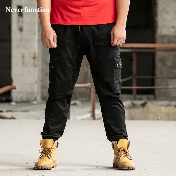 

новые мужчины multi-карман однотонный карго повседневных брюки эластичный пояс drawstring мужских уличные бегуны sweatpants плюс размер 7xl, Black