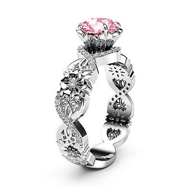 

glamour female pink crystal zircon ring silver color flower shape wedding ring female wedding engagement jewelry, Golden;silver
