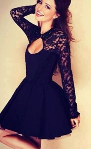 

полые из спинки кружева летнее платье с длинным рукавом женщин длинный рукав сексуальный черный шар вниз платье, Black;pink