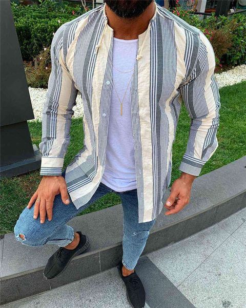 

mens designer casual shirts mens long sleeve stand collar striped sllim shirts mens spring casual clothes, White;black