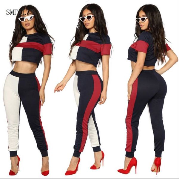 

womens two piece sets fashion round neck short sleeve multicolor stitching two piece pants clothing, White