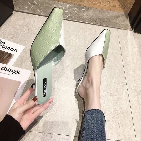 

thin heels shallow slippers casual med multicolored sandals cover toe shoes woman 2020 slipers women heeled mules new, Black