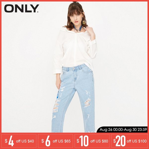 

only brand 2019 new cotton100% distressed hole letter decoration boyfriend style denim ankle-length pants women jeans |11736i505, Blue