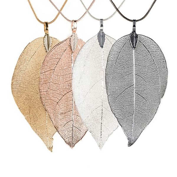 

women fashion unique necklace jewelry charm black gold silver leaves real nature leaf pendant long sweater statement necklace