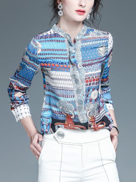 

european goods design sense niche fashion shirt girl 2020 new chiffon shirt collar long sleeve printed, White