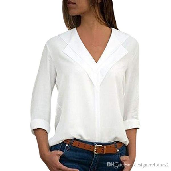 

v neck designer luxury women blouses summer solid color loose long sleeve plus size womens shirts, White