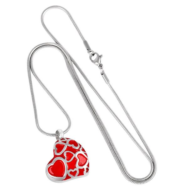 

ijd8352 stainless steel cremation red crystal love heart urn pendant necklace locket memorial for ashes keepsake with chain jewelry, Silver