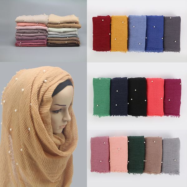 

mism ethnic oversize muslim crinkle hijab head scarf women solid bubble cotton shawls and wraps soft big pearl foulard femme c19011001, Blue;gray