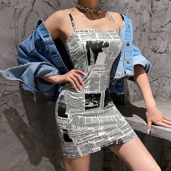 

women's ins super newspaper printing trend hip-hop sling dress women 2020, White