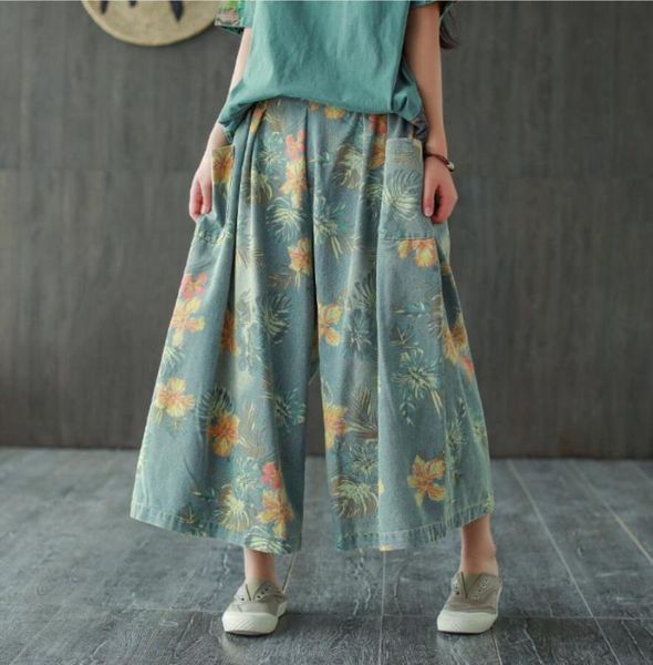 

cotton denim printed wide-leg pants women spring autumn new literary retro loose elastic waist jeans plus size r1164, Blue
