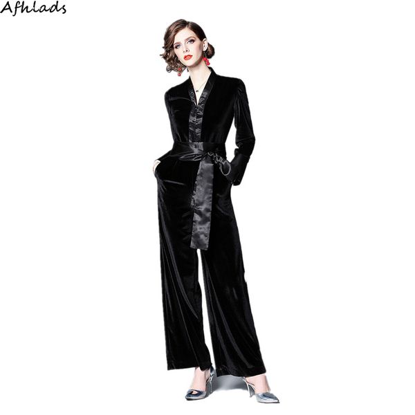 

jumpsuit velvet trousers women 2019 spring new waist v-neck casual pants long-sleeved fashion with belt patchwork long jumpsuit, Black;white