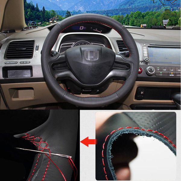 

for honda civic interior non-slip hand sewing steering wheel cover black leather