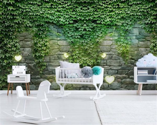 Benutzerdefinierte Foto 3D Wallpaper Wandbild Rebe Steinwand Nordic kleine frische Hintergrundwand grüne Landschaft Seidentapete