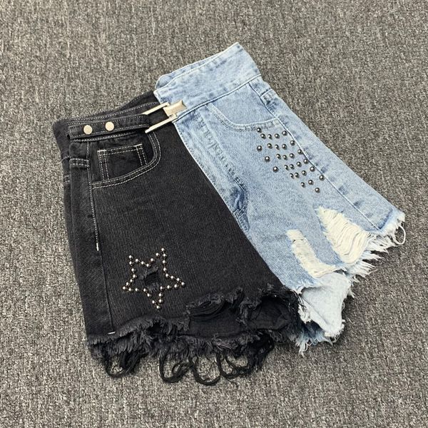 

heavy industry beaded hole denim shorts women black wide leg metal buckle irregular high waist jeans shorts, White;black