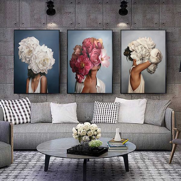 

flowers feathers woman abstract canvas painting wall art print poster picture decorative painting living room home decoration