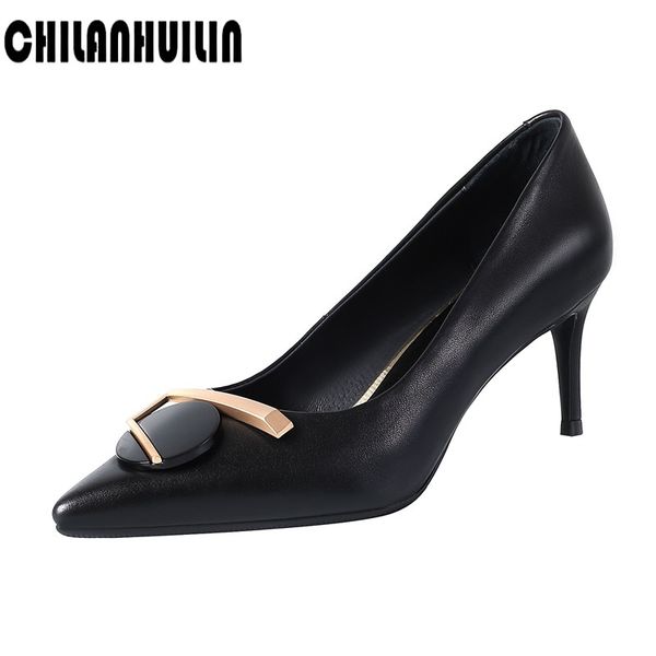 

women shallow pumps office lady pointed toe slip-on dress shoes high heels spring summer genuine leather shoes woman nude pumps, Black
