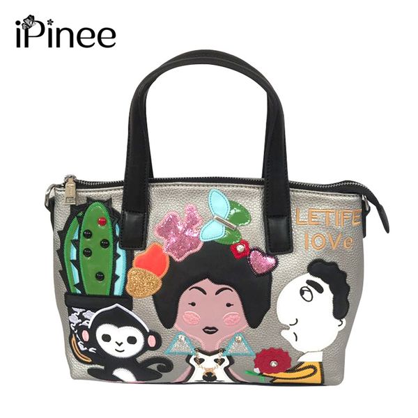 

ipinee embroidery women bag leather purses and handbags luxury cartoon figure shoulder bags female bags for women 2019