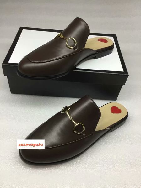 

newluxury men shoes mules princetown designer classic slippery metal buckle beach slippers soft lazy slippers6-45, Black