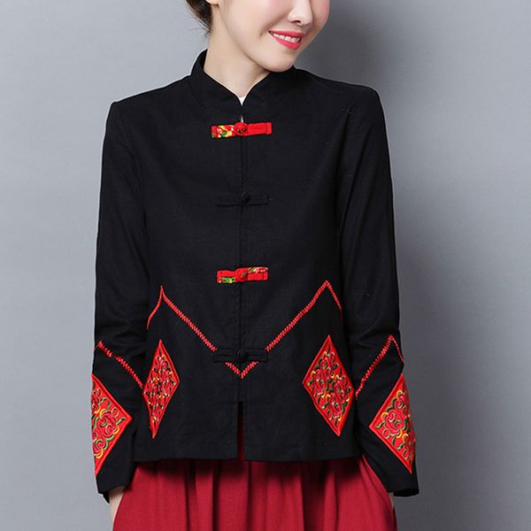 

chinese style women's jacket autumn and winter 2019 national embroidery cotton linen button short coat black single breasted, Black;brown