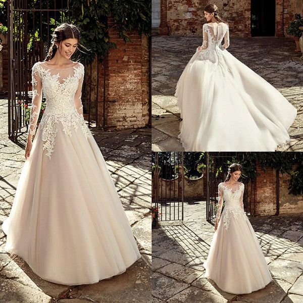 Discount 2020 Garden Wedding Dresses A Line Scoop Long Sleeve