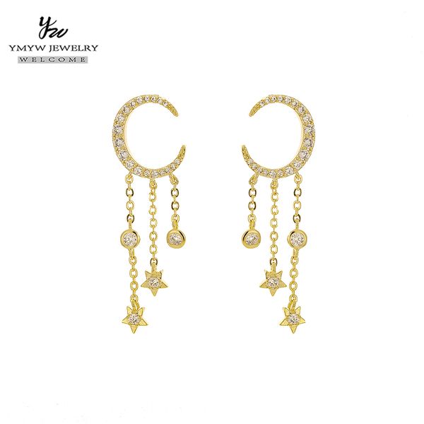 

ymyw star moon zirconia chain tassel drop dangle earrings woman wedding party luxury elegant exquisite eternity earings high q, Silver