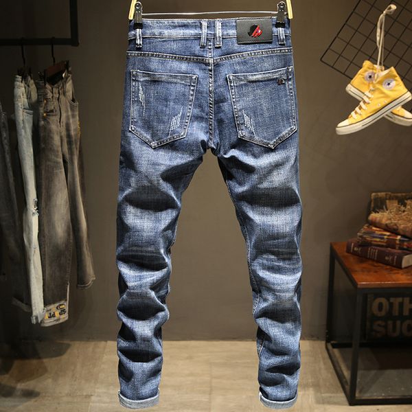 

mens designer elastic washed young slim small straight fashion brand jeans men, Blue
