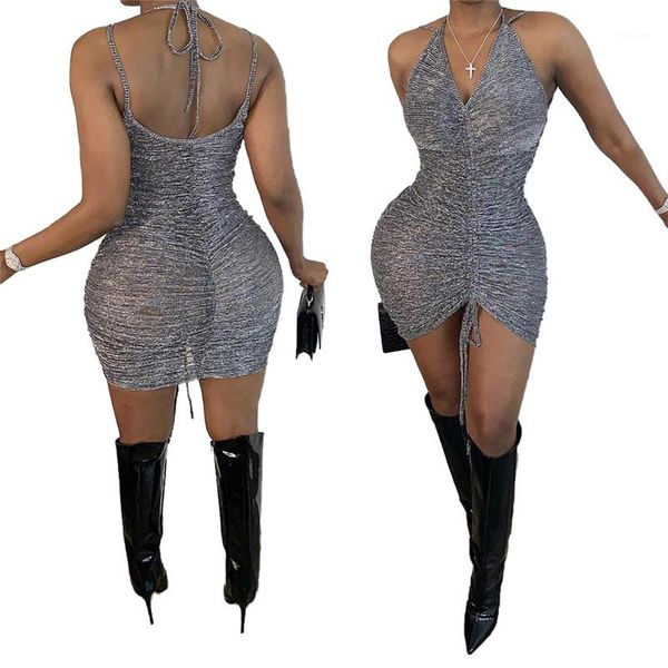 

slim deep v neck backless dress women club party dress shirring halter bodycon dresses fashion, Black;gray