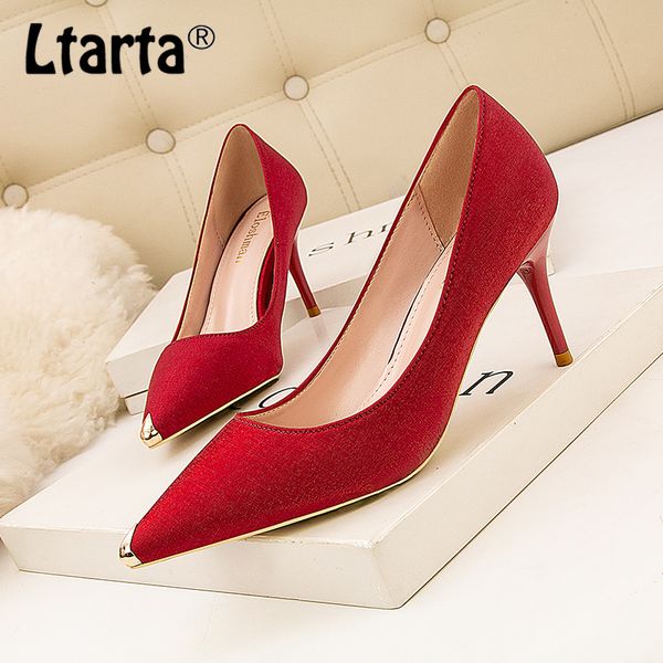 

ltarta 2020 fashion banquet women's shoes with high-heeled satin shallow mouth metal pointed slim high-heeled shoes zwm, Black