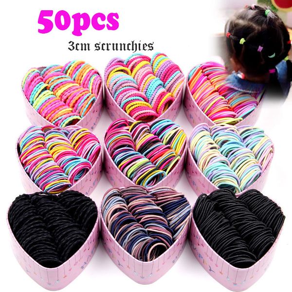 

50pcs/box new girls colorful elastic hair bands ponytail holder scrunchies kids hair ropes rubber bands accessories, Slivery;white