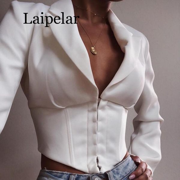 

laipelar autumn streetwear double breasted white short women blazers and jackets elegant long sleeve notched office lady outwear, White;black