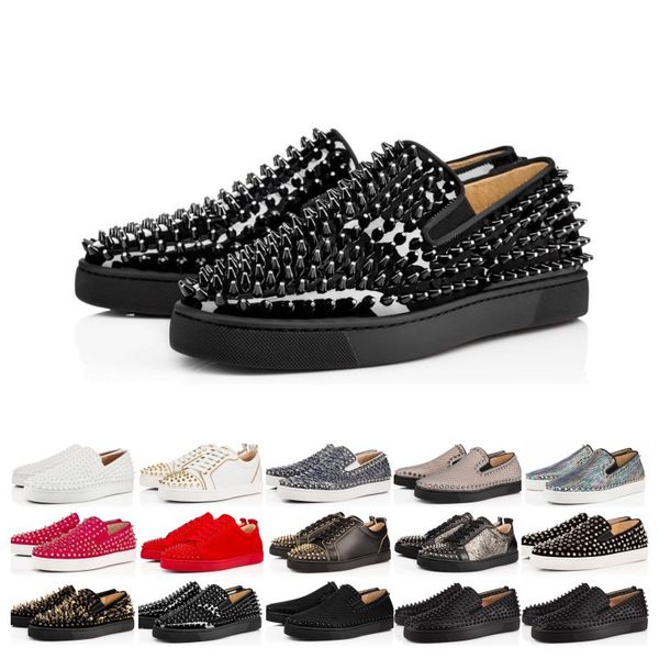 

new sale designer red bottoms shoes studded spikes flat sneakers men women glitter party lovers genuine leather casual rivet sneaker, Black