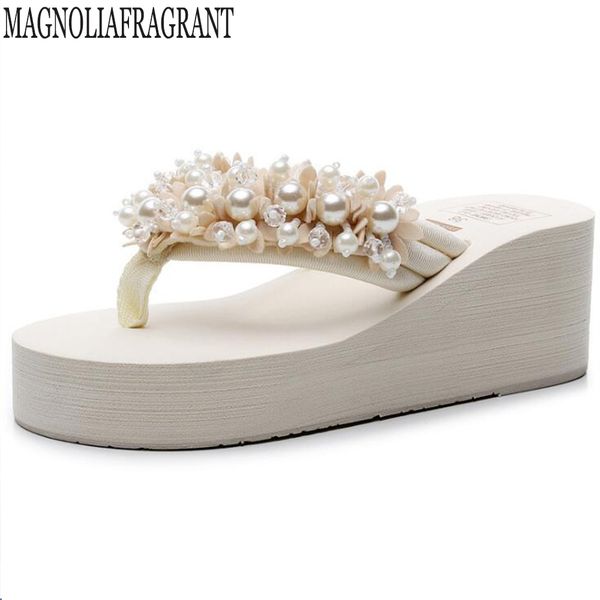 

new beach shoes women summer high platform sandals waterproof platform wedges slope handmade slippers white crystal shoes hy95, Black