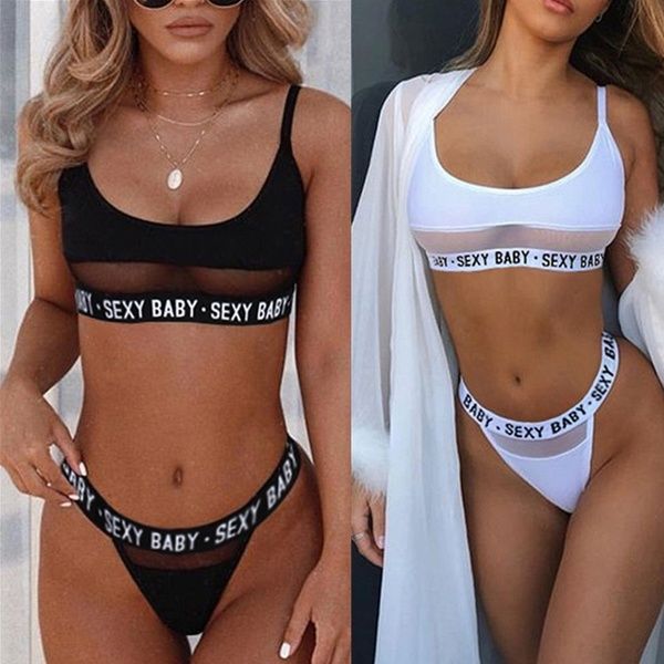 

women mesh patchwork underwear lingerie set letter print thong sport swimsuit lingerie set, Black;white