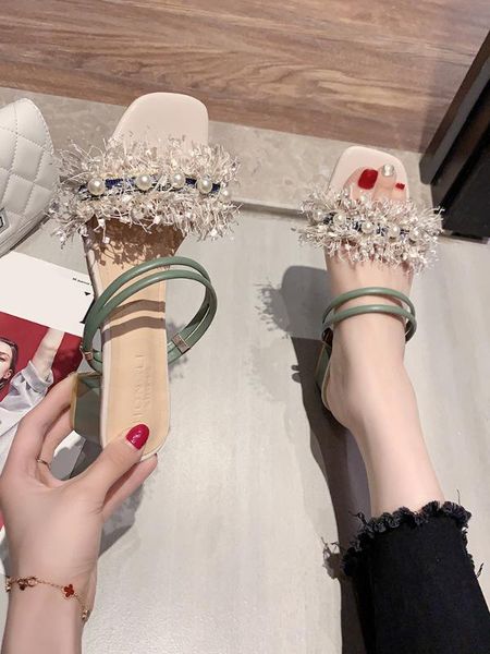 

female shoes ladies' slippers med slides 2020 summer fabric bling rubber hoof heels pu cotton slippers women, Black