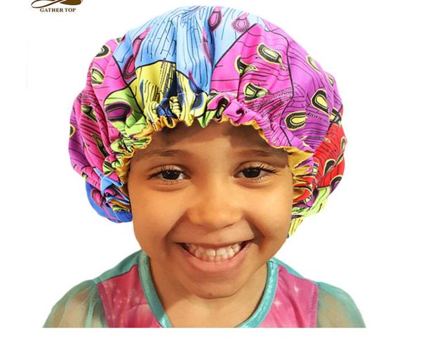 Novas Extra Grandes meninas miúdos cap sono ajustável de impressão africano Ankara cetim Bonnet chapéu cap sono turbante noite de sono Beanie Chemo Cap 2-7Y