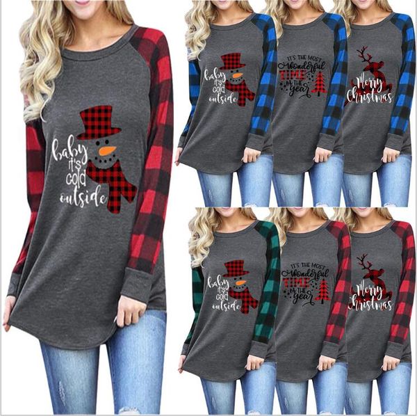 

plaid t-shirts girl plus size long sleeve christmas o neck shirt letter printed autumn tees cotton casual blouse xmas elk blusas yp6695, Blue