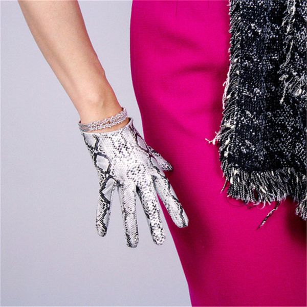 

snakeskin gloves 16cm ultra short patent leather emulation leather pu bright silver serpentine snake pattern women gloves wpu107, Blue;gray